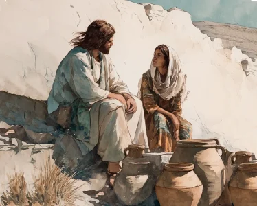 Jesús y la mujer samaritana junto al pozo – ilustración del artículo “¿Tienes sed de Dios?” en Have a God Time