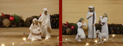 Belén blanco con Sagrada Familia y animales sobre mesa de madera y adornos de Navidad