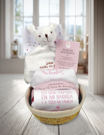 Cesta regalo bebé cristiano rosa