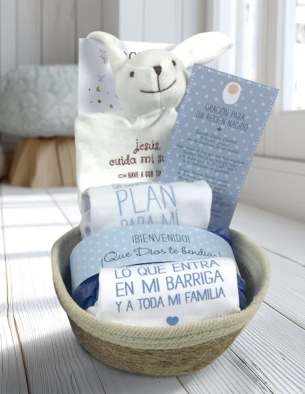Cesta regalo bebé bautizo cristiano azul